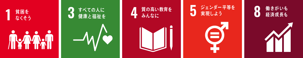 SDGs（1.貧困をなくそう,3.すべての人に健康と福祉を,4.質の高い教育をみんなに,5.ジェンダー平等を実現しよう,8.働きがいも経済成長も）