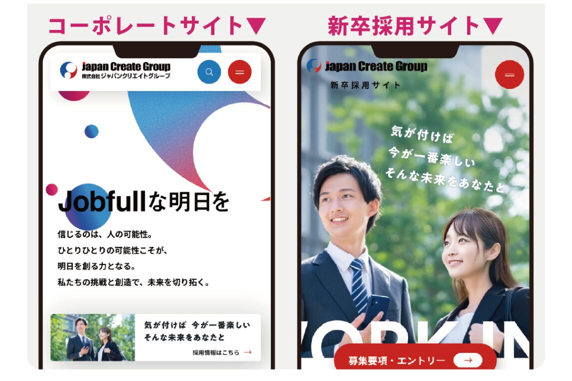 二つのスマホ画面を並べた画像。左は『Jobfullな明日を』と企業情報を示すコーポレートサイト、右は新卒採用サイトのトップ画像。