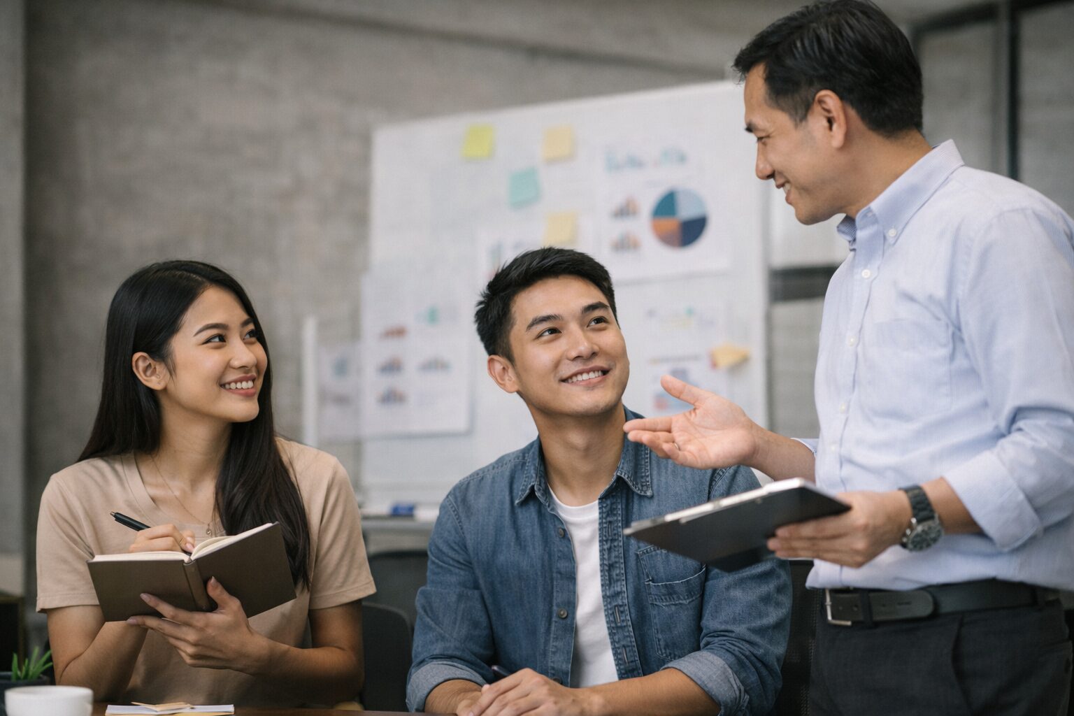 Three colleagues in a casual office discuss a project, with charts on a board in the background and smiles on their faces (informative, collaborative scene).