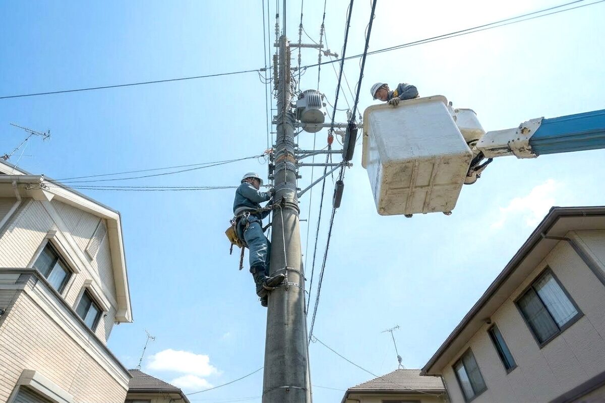 Two utility workers in helmets climb a tall power pole to repair lines, with a bucket truck nearby for support.