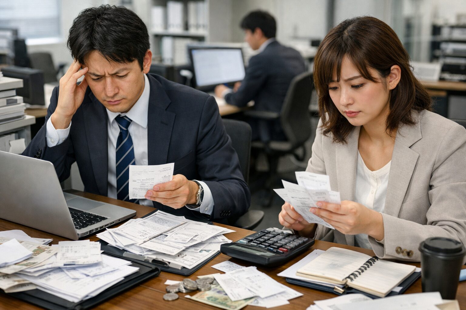 Two businesspeople in suits review receipts at a cluttered desk with a laptop and calculator, looking stressed about finances.