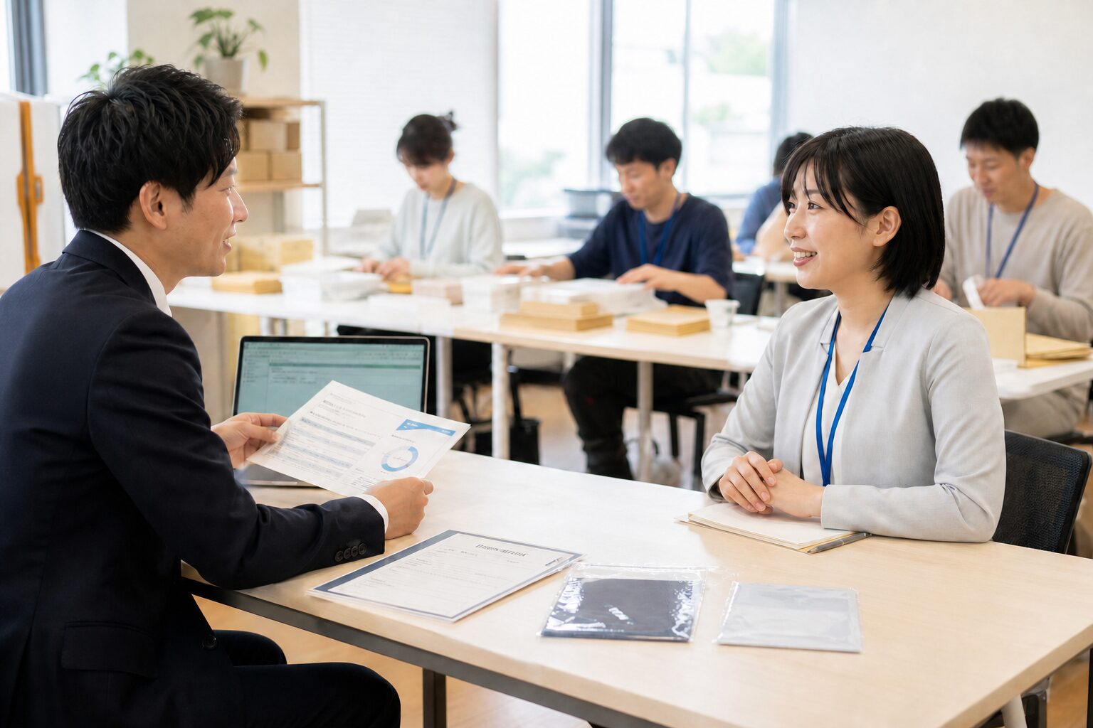 就労継続支援A型事業所の職員と企業の人が話している