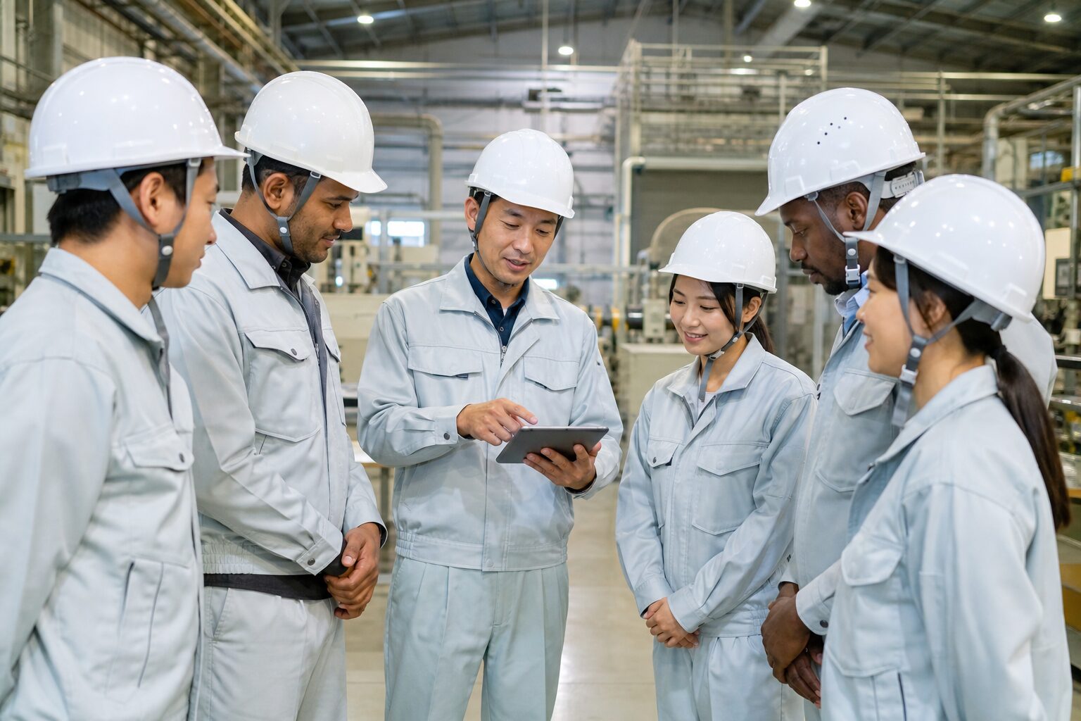 Six factory workers in hard hats and light blue coveralls stand in a manufacturing plant, gathered around a man showing something on a tablet.