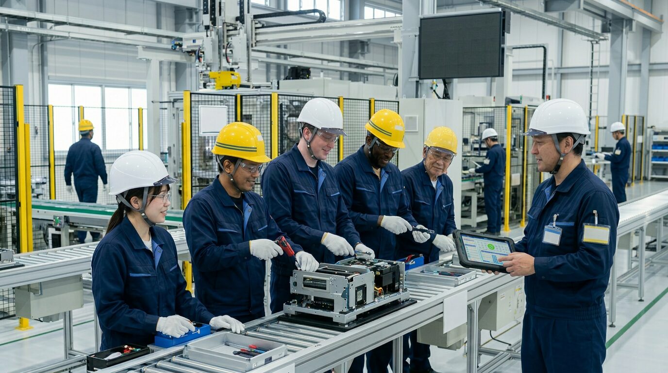 外国籍を含む作業員がライン作業中