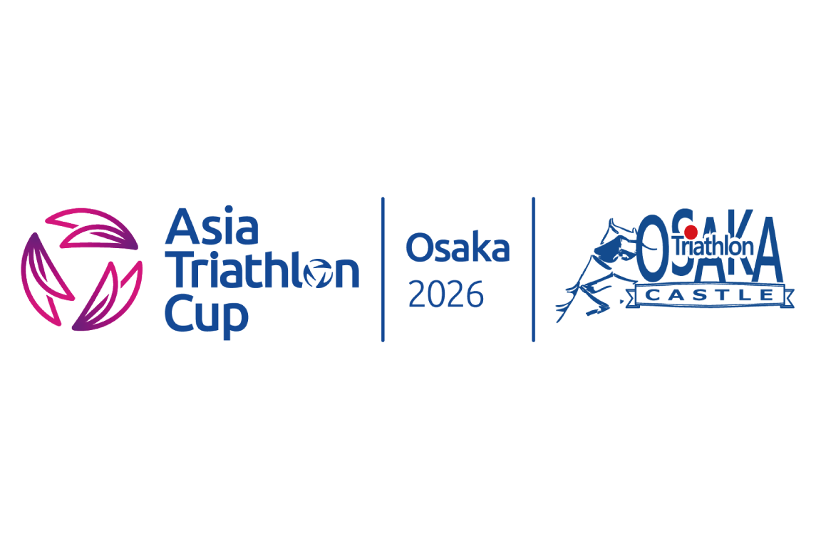 Banner-style logo showing the Asia Triathlon Cup with a pink abstract circular icon and bold blue text, 'Osaka 2026' in the center, and a right-side blue castle-themed triathlon logo indicating a partner event