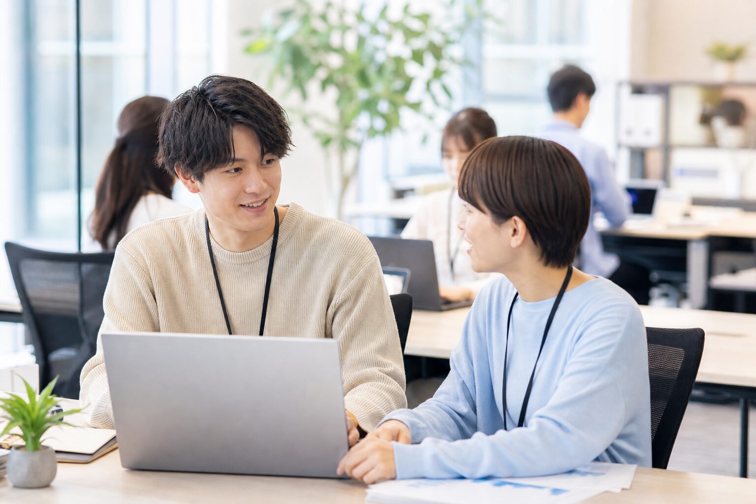 オフィスでノートパソコンを見ながら相談する社員