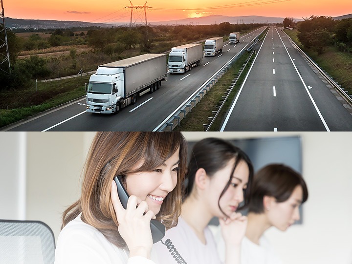 高速道路を走行する複数のトラックと、電話対応をする女性を含むオフィス内の人物たち。