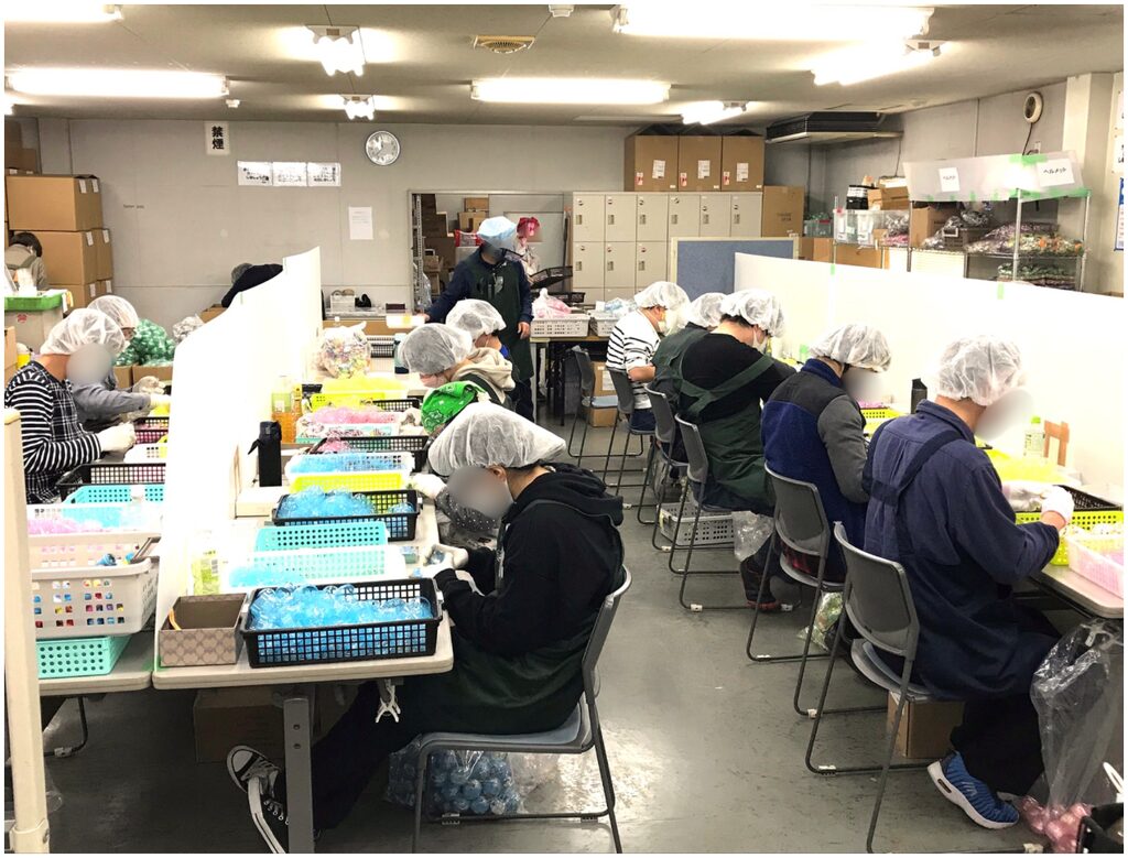 作業室内で、ヘアネットや手袋を着用した複数の人が、机に並んで座り、色のついたカプセルのようなものを仕分けている。