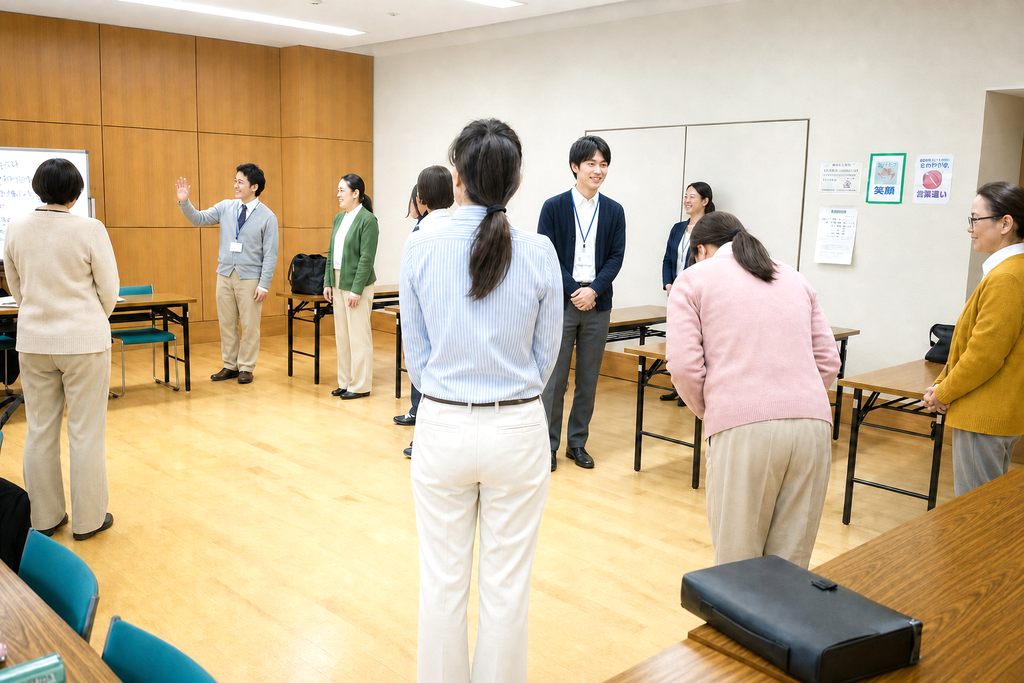会議室のような広い部屋で、受講者が向かい合って立ち、お辞儀をしたり手を挙げたりしながら実践的な練習をしている研修の様子