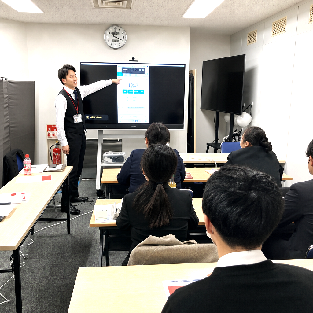 会議室で、講師がモニターを指し示しながら、着席したスーツ姿の受講者に向けて話をしている研修の様子